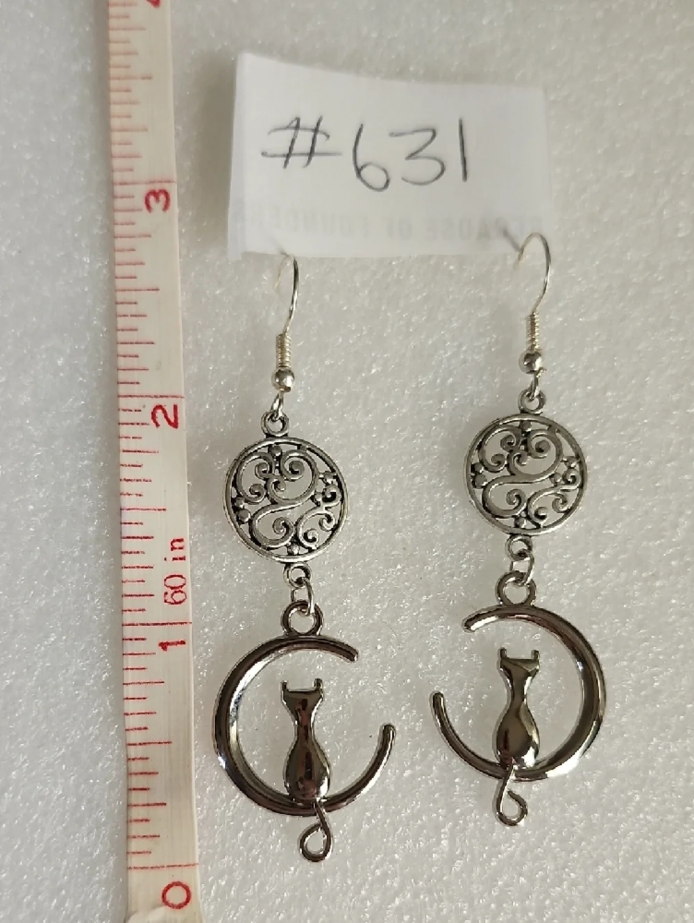 Hand Crafted Silver Cat Crescent Dangle Earrings